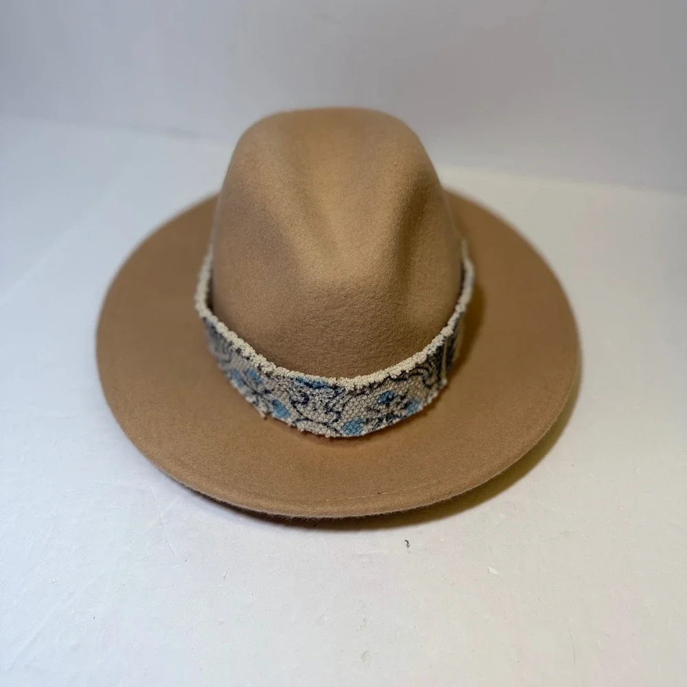 Original Brand Camel Tan 100% Wool Wide Brim Fedora Hat with Tapestry Band
